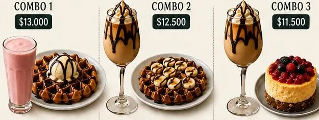 Combos de waffles e ice coffee
