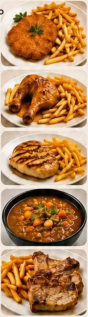 Platos del menú ejecutivo: milanesa, pata y muslo, pechuga y guiso