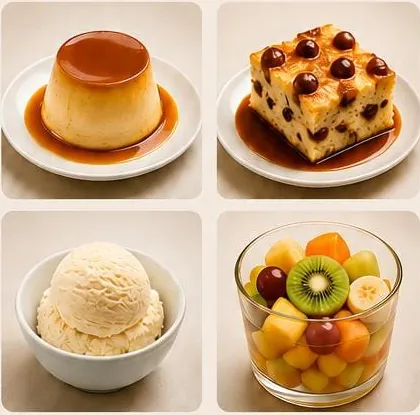 Postres del menú ejecutivo: flan, budín de pan, helado y ensalada de frutas